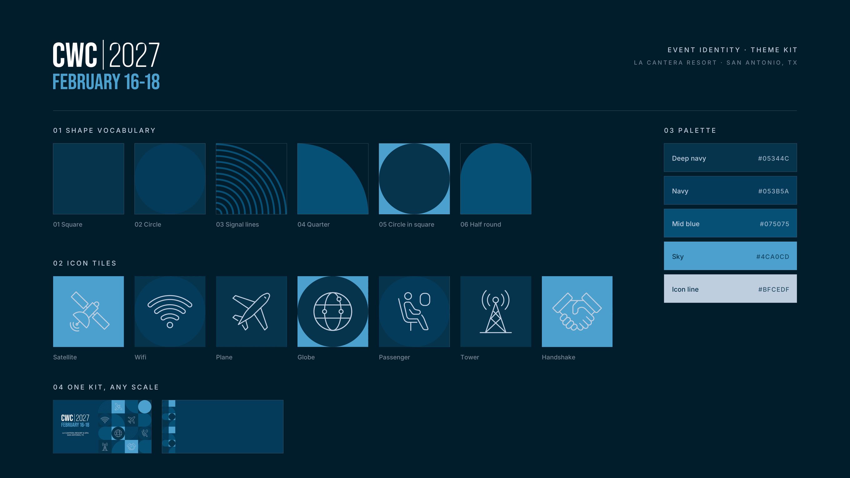 CWC 2027 theme kit on dark navy: six shape tiles (square, circle, signal lines, quarter, circle in square, half round), seven line-icon tiles (satellite, wifi, plane, globe, passenger, tower, handshake), a five-color blue palette with HEX values, and the kit shown at full and border scale