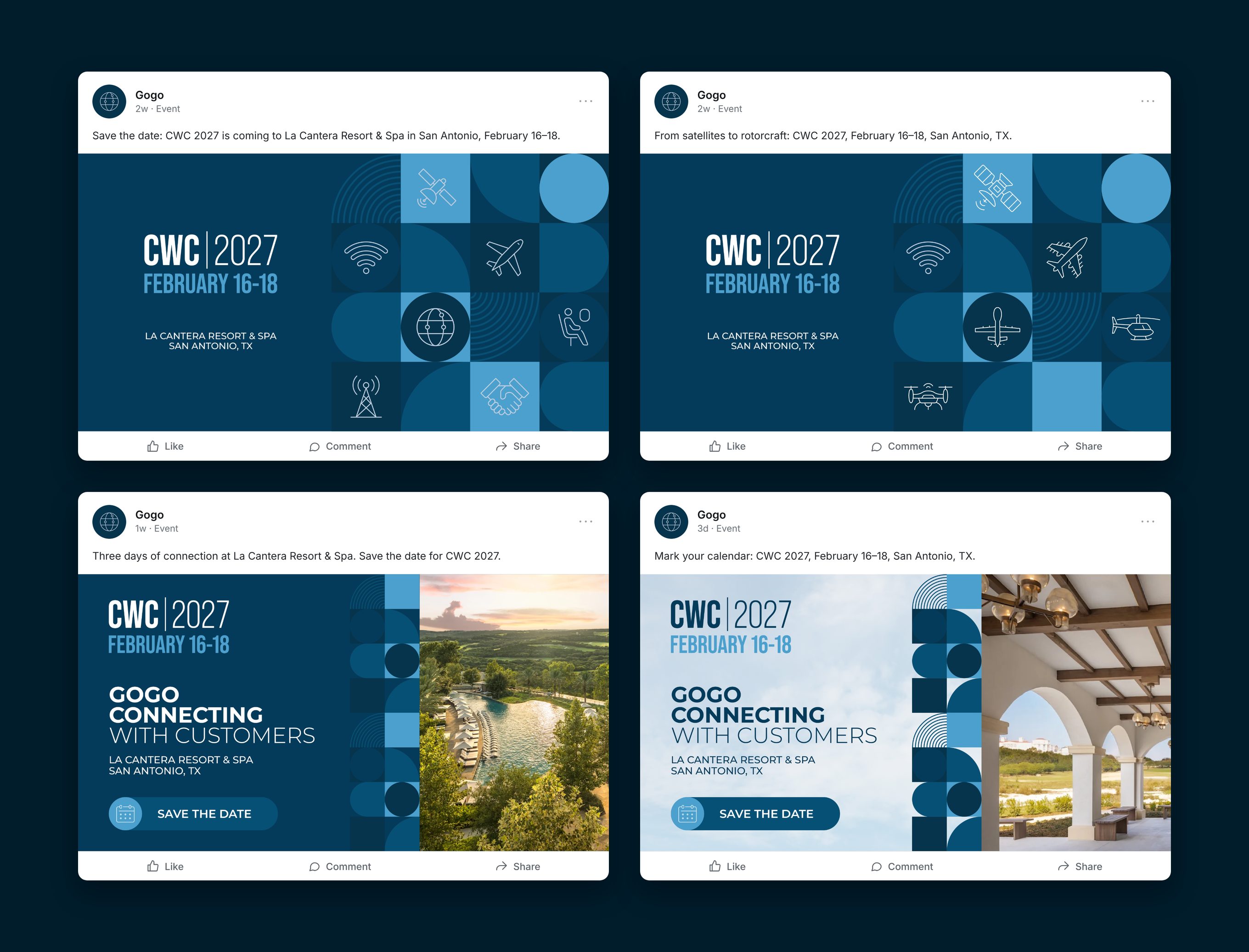 Four CWC 2027 save-the-date posts shown as social feed cards: two tile-pattern versions with different icon sets, and two versions pairing the pattern with photos of La Cantera Resort, one on navy and one on a light sky background