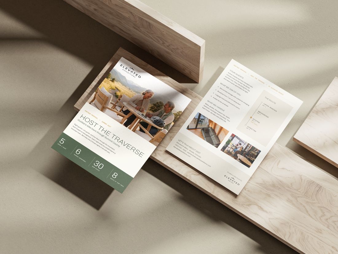 Front and back of the Host the Traverse partner one-sheet on pale wood: the couple at a patio table, the headline, a green band of numbers, and the back with guests, asks, the route and two hotel photos