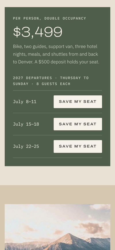 Phone view of the price card with three July departures