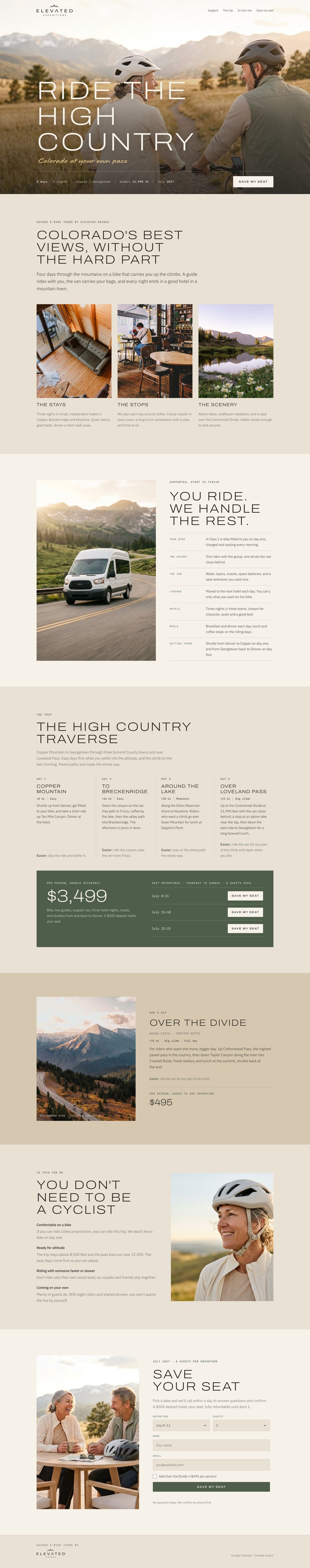Full Elevated Expeditions landing page: hero with a couple on e-bikes, the stays, stops and scenery, the support van, the four-day itinerary with a dark green price card, the Over the Divide add-on, who the trip is for, and the booking form