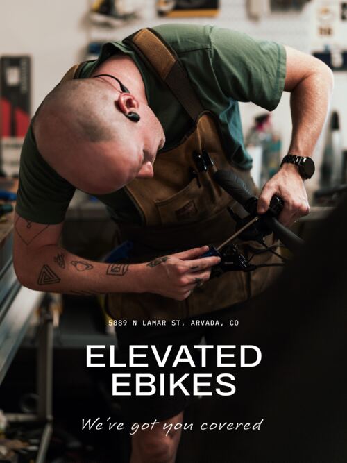 Social post: a mechanic tuning a handlebar in the shop, with the shop address, ELEVATED EBIKES and the script line We’ve got you covered
