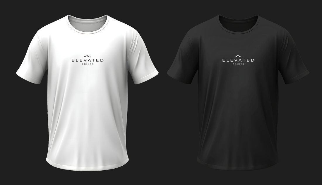 White and black Elevated Ebikes t-shirts with the logo centered on the chest