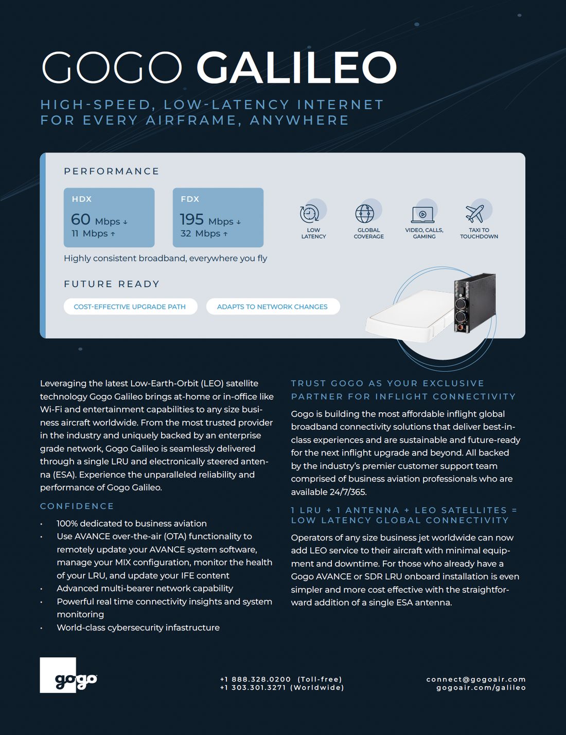 New Gogo Galileo product sheet in the dark style: thin and bold headline, performance stats in tiles, icon row and product photo