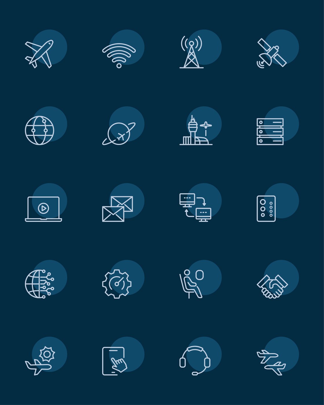 The new Gogo icon set on navy: twenty thin white line icons, each with an offset translucent circle