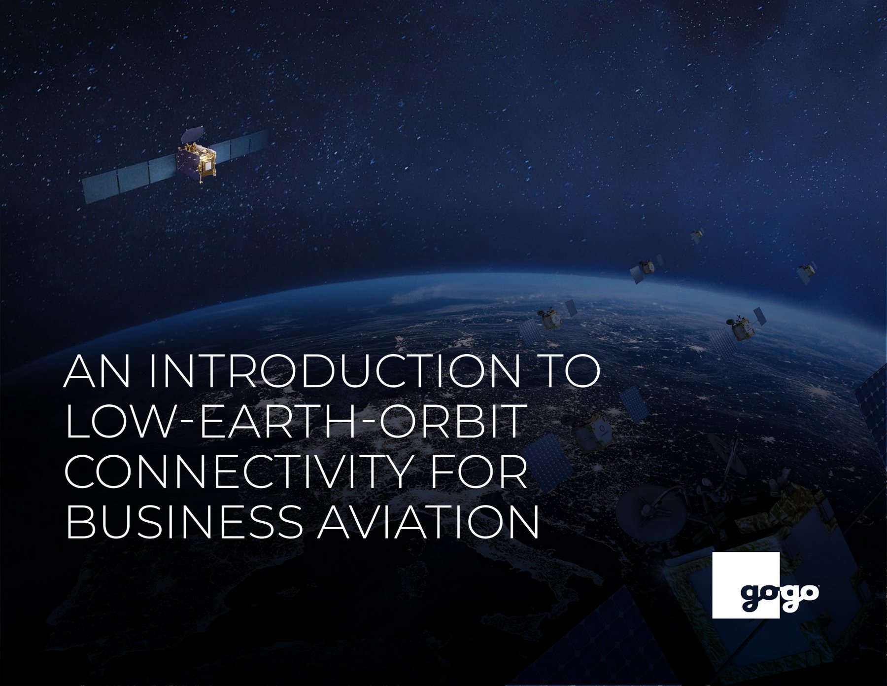 White paper cover: An Introduction to Low-Earth-Orbit Connectivity for Business Aviation, in thin caps over a satellite above the dark earth
