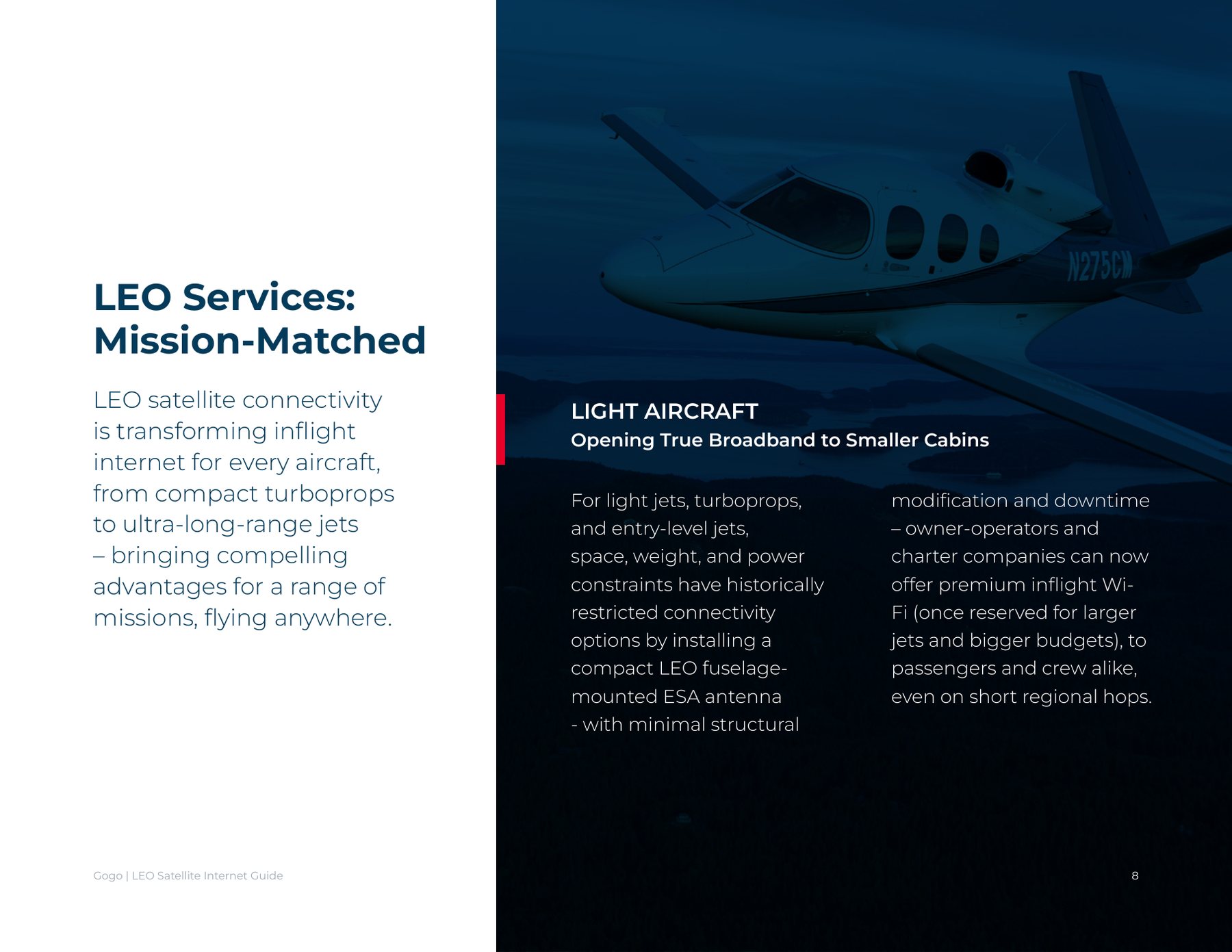 Spread: LEO services, mission-matched, with cabin photography and aircraft categories