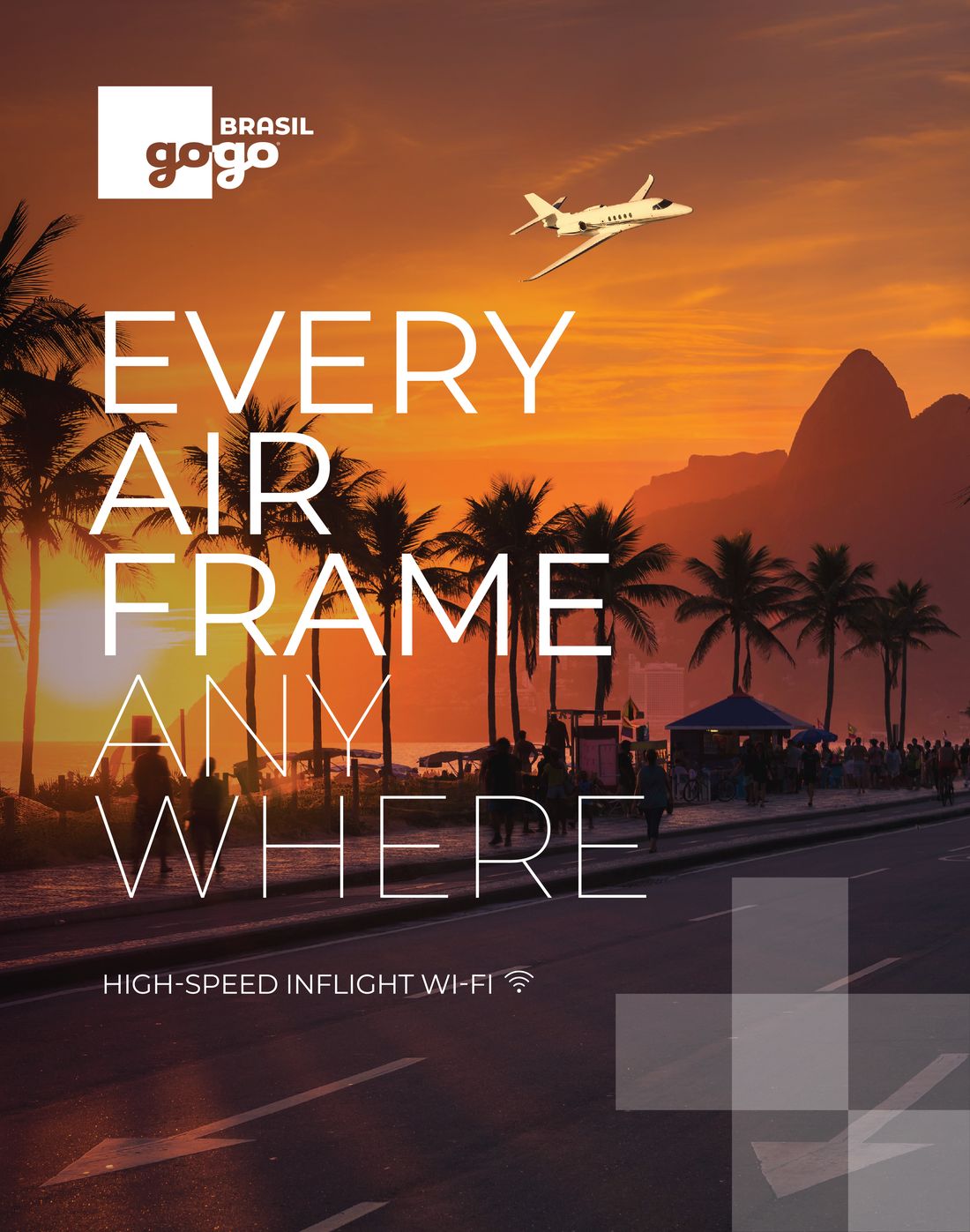 Gogo Brasil poster: a business jet over palm trees and Rio de Janeiro’s Two Brothers mountain at an orange sunset