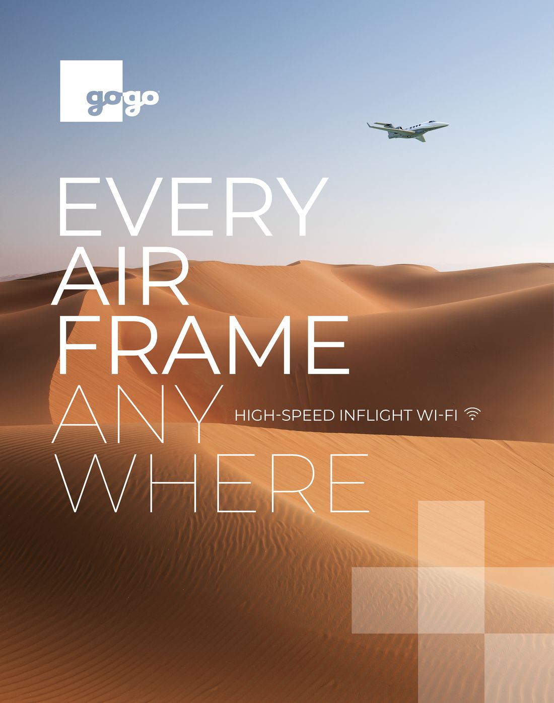 Gogo poster: a business jet over golden desert dunes under a pale sky, headline “Every airframe anywhere”