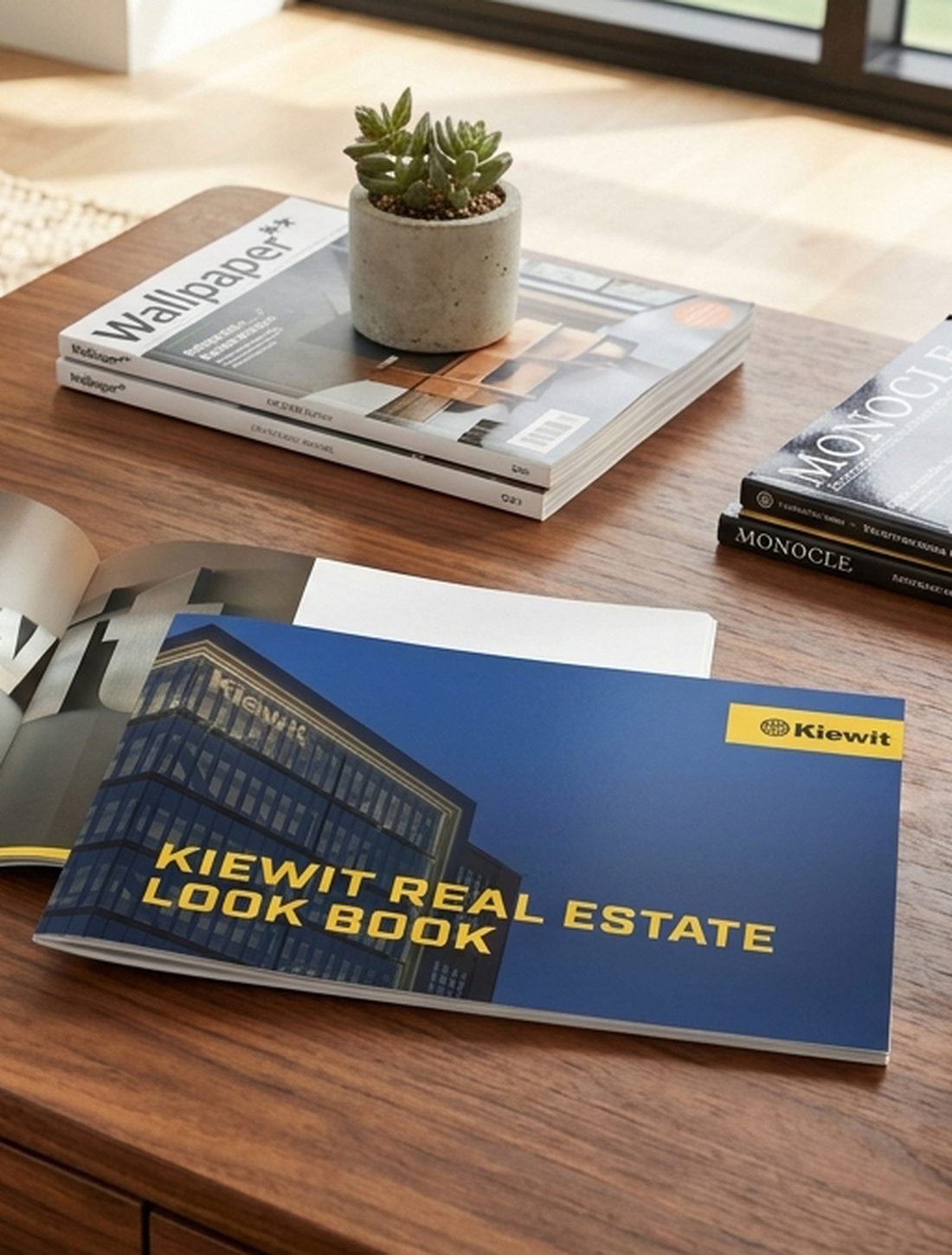 Kiewit Real Estate Look Book on a walnut coffee table next to magazines and a succulent in afternoon light