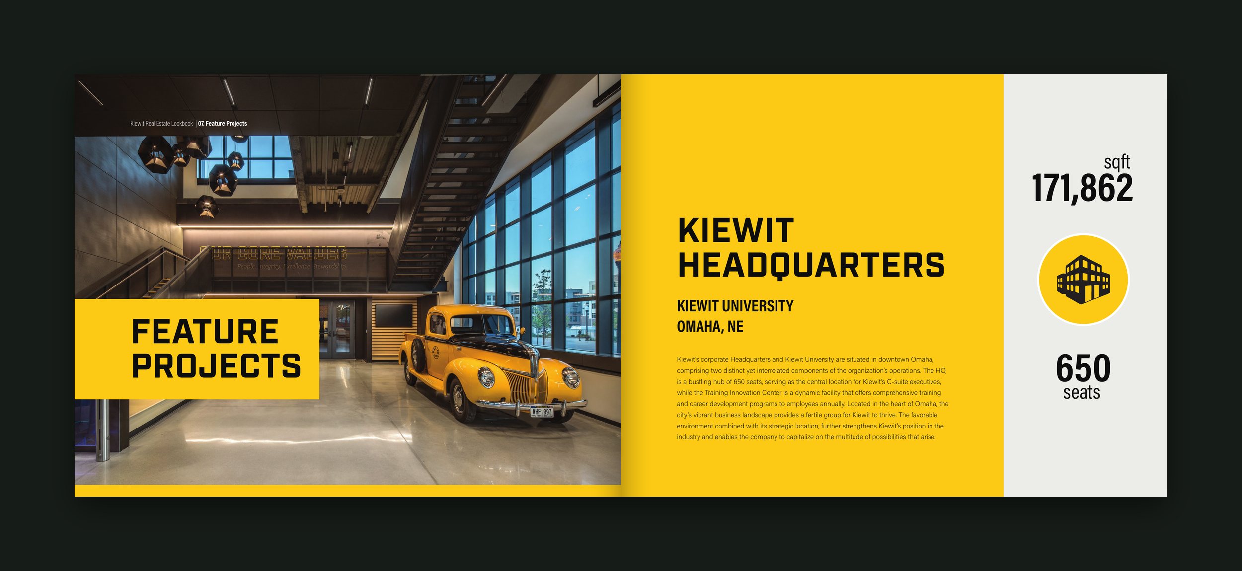 Lookbook spread opening the Feature Projects chapter: a lobby with a vintage yellow pickup truck beside a full yellow page for Kiewit Headquarters in Omaha, with 171,862 sqft and 650 seats