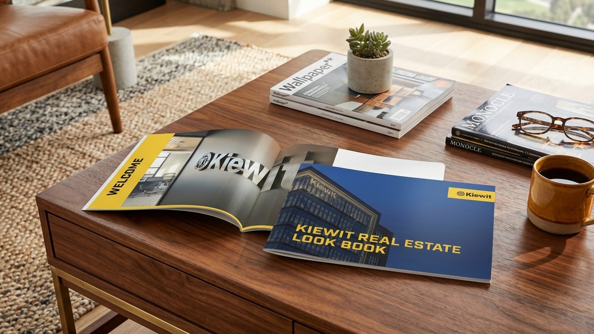 Kiewit Real Estate Look Book lying on a walnut coffee table beside an open copy at the Welcome spread, with magazines, a succulent and a coffee mug in afternoon light