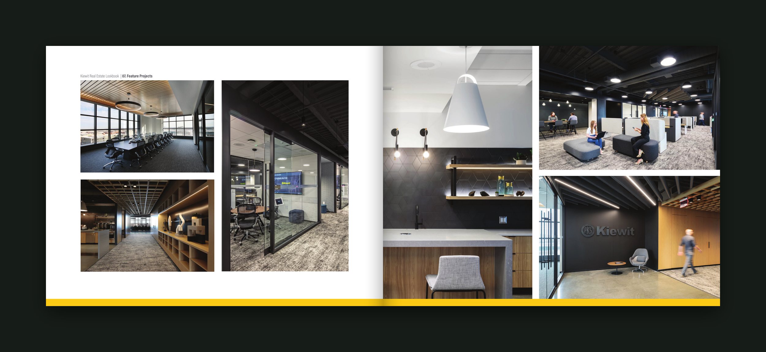 Feature project spread: a grid of interior photos showing open offices, meeting rooms and a reception area