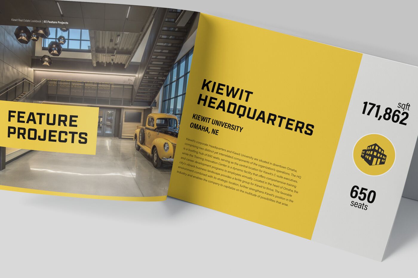 Kiewit lookbook spread: the Feature Projects opener over a lobby with a vintage yellow truck, facing a yellow Kiewit Headquarters page with project facts