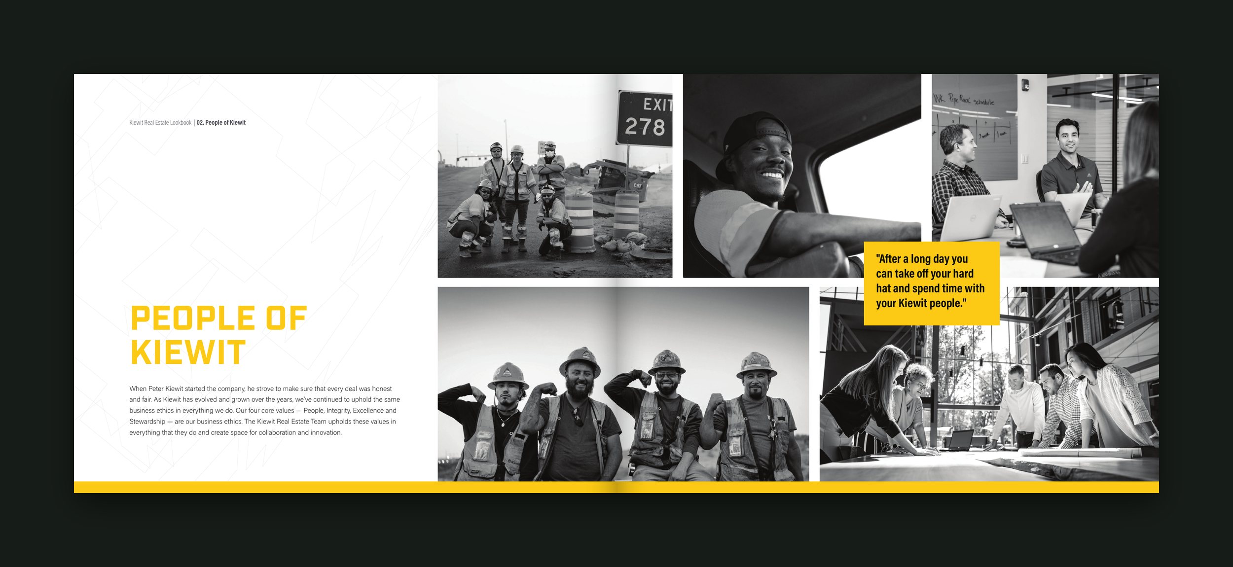 People of Kiewit spread: black-and-white photos of construction crews and office teams, with a yellow quote box
