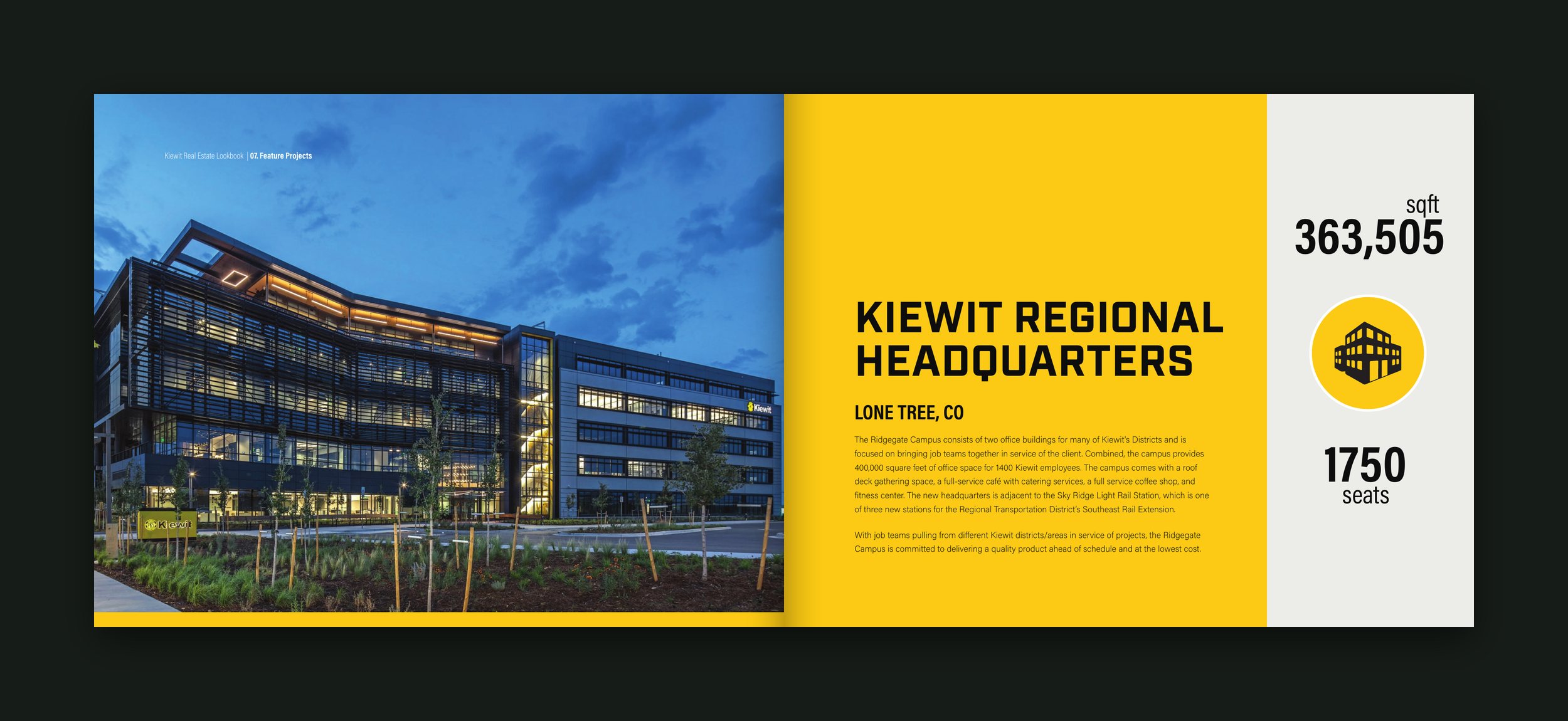 Kiewit Regional Headquarters spread: an office building at dusk beside a yellow page with project details, 363,505 sqft and 1750 seats