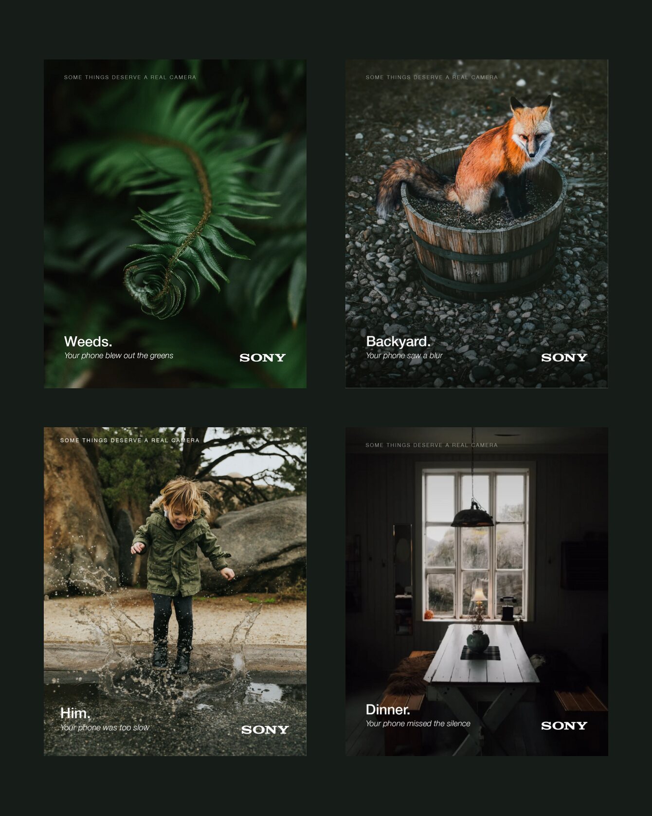 The four Worthy posters: Weeds, Backyard, Him, and Dinner.