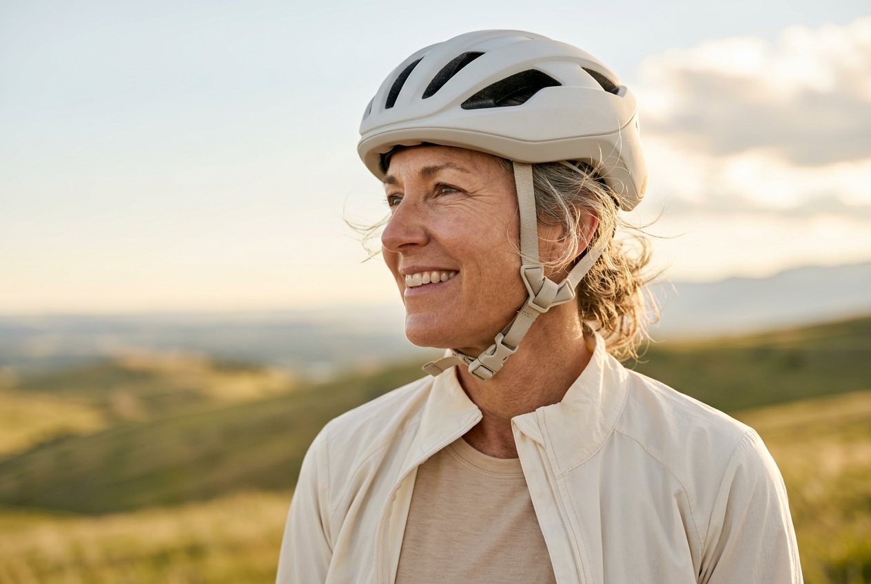 A woman in a cream jacket and white helmet smiling into the wind on a grassy ridge