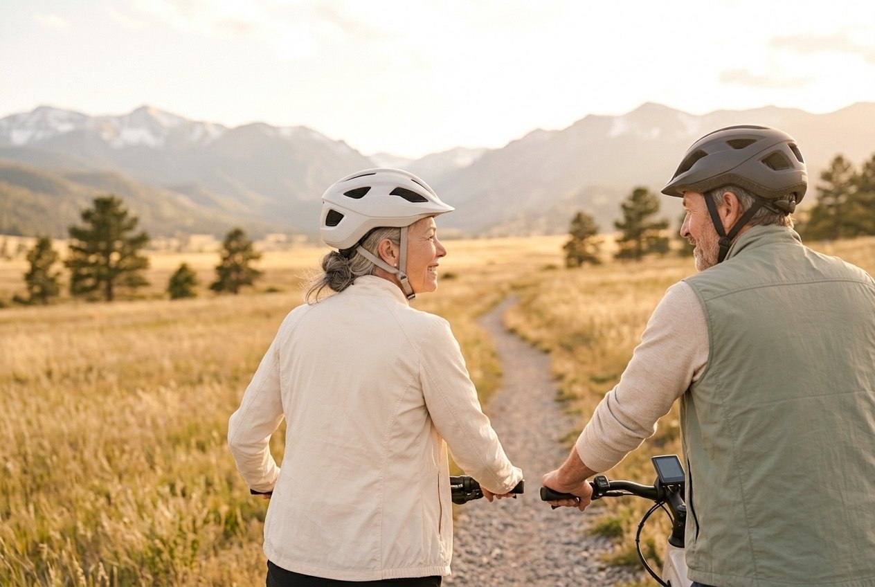 A couple in their fifties standing with their e-bikes on a path through golden grass, mountains behind them