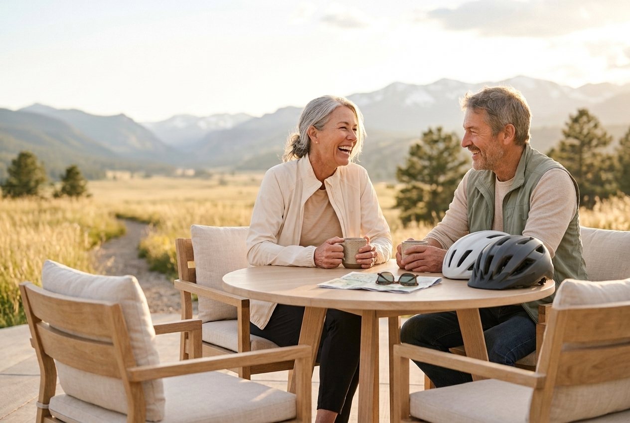A couple laughing over coffee at an oak patio table, helmets and a trail map beside them, mountains behind