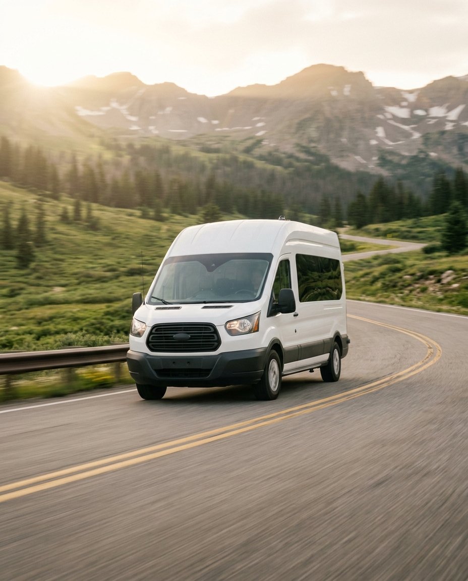 A white support van driving up a winding mountain road at golden hour, green meadows and snow-patched peaks behind